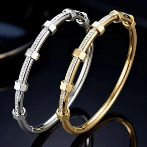 Stainless Steel Bracelet Electroplated with 18K Gold Fashionable Couple Bangles Hexagonal Nut Style