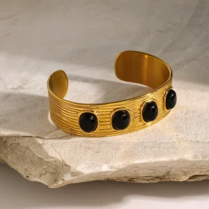 Stainless Steel Bracelets 18K Gold Plated Black Agate Wide Bangle Cuff Bracelets for Women