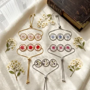 Stainless Steel Bracelets Custom Preserved Real Flower Charms Fashion Jewelry Adjustable Bracelet for Women