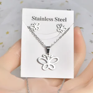 Stainless Steel Butterfly Heart Earring Necklace Set Colorfast Hypoallergenic Jewelry Women’s Anniversary Gift