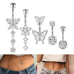 Stainless Steel Butterfly Zircon Dangle Belly Button Ring for Women Body Jewelry