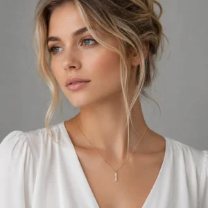 Stainless Steel CZ Vertical Bar Pendant Necklace Gold Silver Color Minimalist Jewelry for Women