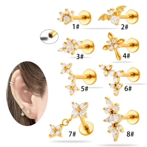 Stainless Steel Cartilage Earring Zircon Flower Bat Flat Back Earrings Internally Thread Tragus Heilx Piercing Jewelry