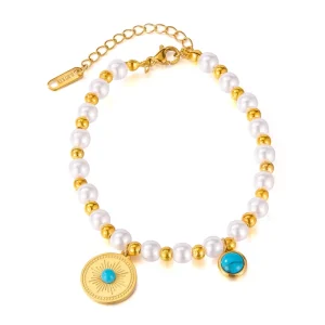 Stainless Steel Chain Bracelet Gold Beads Pearls Inlaid Turquoise Small Pendant for Women Party Accessories