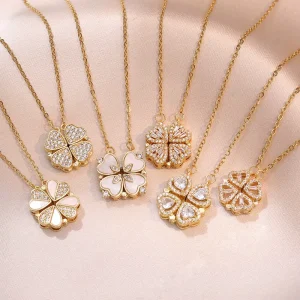 Stainless Steel Chain Copper Pendant Inlaid Zircon Heart Shaped Four Leaf Clover Pendant Necklace for Women