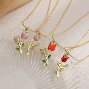 Stainless Steel Chain Necklace Shiny Gold Plated Enamel Rose Flower Pendant Necklace Elegant Zirconia Tulip Necklace