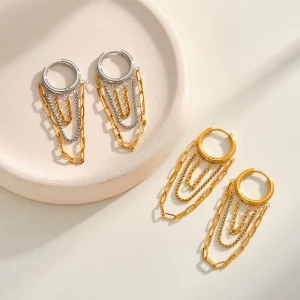 Stainless Steel Chain Tassel Women’s Fashionable Minimalist Dangle Earrings