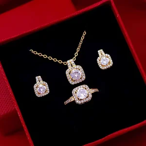 Stainless Steel Chain Zircon Crystal Earrings Necklace Ring Set Wedding Jewelry Set for Women