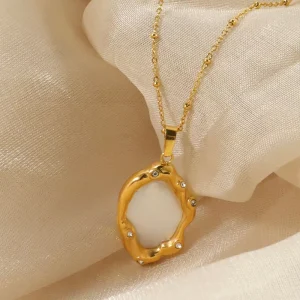 Stainless Steel Charm Necklace Heart Zircon Stone Pendant Bead Chain Gold Plated Waterproof Shiny Wedding Jewelry