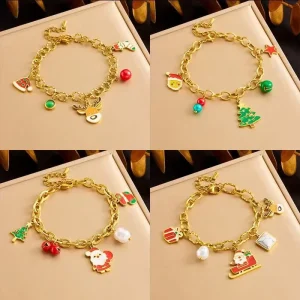 Stainless Steel Christmas Charm Bracelet Enamel Pendant with Santa Reindeer Tree Bell Sock Adjustable Xmas Holiday Jewelry