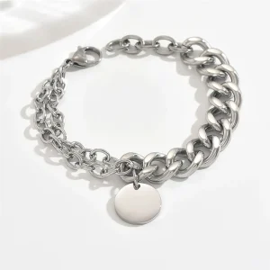 Stainless Steel Chunky Curb Chain Charm Bracelet Punk Hip Hop Layered Multi Link Bracelets with Blank Coin Pendant