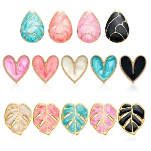 Stainless Steel Colorful Oil Paint Leaves Shells Butterflies Ear Stud Earring Body Piercing Jewelry