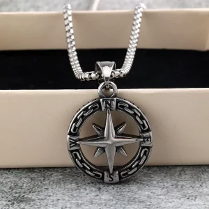 Stainless Steel Compass Pendant Necklace Single Sided Vintage Jewelry for Men Women Supply Bulk