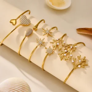 Stainless Steel Coral Pearl Open Bracelet with 18K Gold Plating Fashionable and Versatile Heart and Star 5A Zircon Bracelet