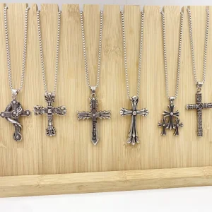 Stainless Steel Cross 70cm Long Bamboo Chain Pendant Necklace with Retro Hip Hop Punk Style for Men Women Gift