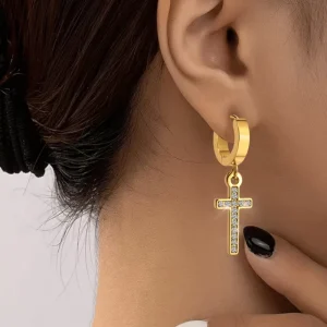 Stainless Steel Cross Design Dangle Earrings Women Men Gold Plated Personalized Christian Crystal Rhinestone Fashion
