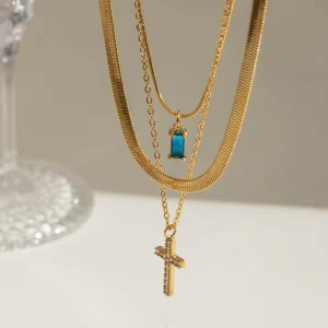 Stainless Steel Cross Multi layer Necklace Women’s Pendant Clavicle Bamboo Chain