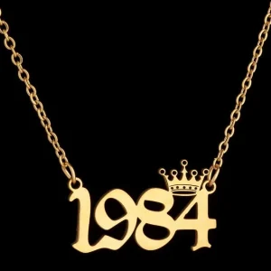 Stainless Steel Crown Number Sweater Chain Lucky Year Figure Pendant Necklace Fashion Women Jewelry