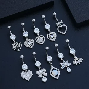 Stainless Steel Crystal Dangle Navel Rings Hollow Heart Bow Opal Belly Button Rings for Female