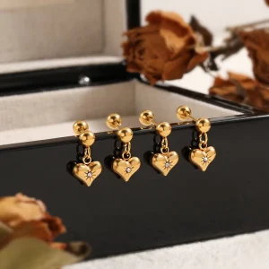 Stainless Steel Crystal Heart Dangle Screw Back Stud Earrings 18K Gold Plated Ins Style Ladies Jewelry