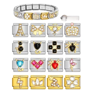 Stainless Steel Crystal Modular Bracelet Charm 9mm Italian Style Beads with Cute Bow Crown Devil Heart Design for DIY
