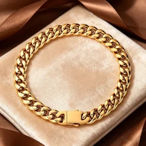 Stainless Steel Cuban Link Chain 18K PVD Gold Plated Men’s Hip Hop Jewelry Curb Miami Bracelet Double Spring Button