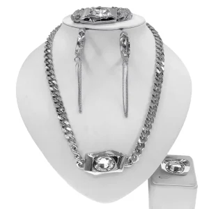 Stainless Steel Cuban Link Jewelry Set Crystal Pendant Necklace Tassel Earrings Bracelet Ring Punk Hip Hop Statement Sets