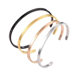 Stainless Steel Cuff Bracelet Gold Plated Blank Polished 4mm Men’s Customizable Logo Bangle
