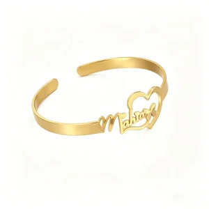 Stainless Steel Cuff Bracelets 18K Gold Plated Women Custom Name Personalized Heart Shape Bangle