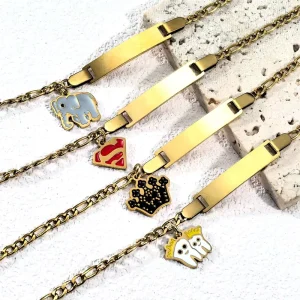 Stainless Steel Curved Bar Bracelet with Heart Crown Butterfly Pendant Gold Chain Holiday Gift Fashion Jewelry