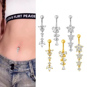 Stainless Steel Dangle Navel Piercing Jewelry with Floating Zircon Flowers
