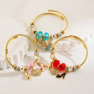 Stainless Steel Diamond Studded Pearl Bracelet for Women Pendant Adjustable Bracelet