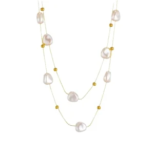 Stainless Steel Double Deck Pearl Vintage Geometric Asymmetric Gold Plated Unisex Chokers Fashion Jewelry Necklace