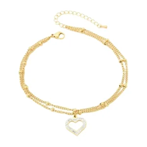 Stainless Steel Double-Layer Bead Chain Sweet Heart Zircon Foot Chain Beach Wind Foot Ring for Women