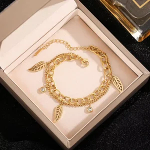 Stainless Steel Double-layer Bracelet with Fashionable Leaf-shaped Zirconium Pendant Bracelet