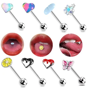Stainless Steel Drip Oil Love Heart Tongue Stud Personalized Inlaid Zirconia Stars Tongue Ring Body Piercing Jewelry