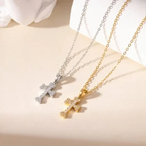 Stainless Steel Durable Christian Jewelry Link Chain Accessory Zircon Paved Cross Necklace for Men Women Waterproof Punk Pendant