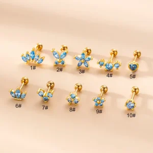 Stainless Steel Ear Piercing Jewelry Crystal Flower Crown Heart Blue Zircon Cartilage Helix Conch Stud Earring