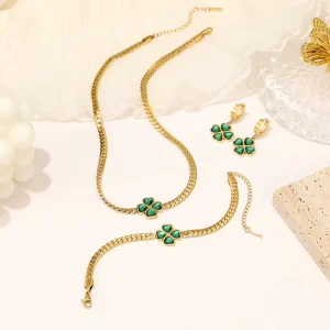 Stainless Steel Emerald Zircon Four Leaf Clover Necklace Snake Bone Chain Necklace Bracelet Earrings Jewelry Sets