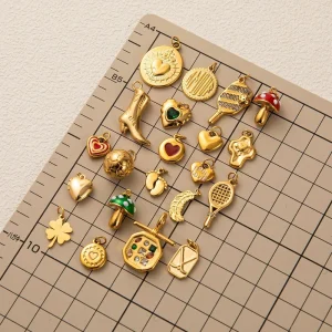 Stainless Steel Enamel Charms Love Amour Heart Series Pendant Foot Print Mushroom Badminton Racket Clover Zircon Pattern
