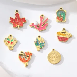 Stainless Steel Enamel Charms Set Maple Leaf Coral Heart Shapes For Handmade DIY Jewelry Making Pendant Accessories