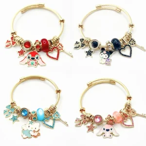 Stainless Steel Fashion Charm Bracelets for Women and Kids Rhinestone Beads Hello Kitty Bangle for Bracelet