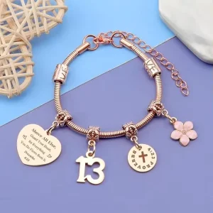 Stainless Steel Fashion Sweet Heart Flower Bracelet Warm Birthday Gift for 13yo Girls Fashion Bracelet for Daughter
