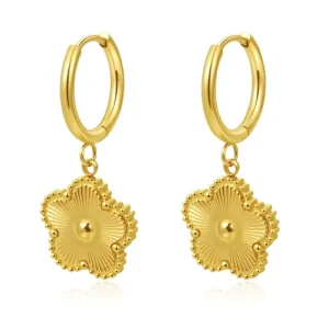 Stainless Steel Five Leaf Flower Earrings Gold Plated Womens Trendy Fashion Jewelry Gift
