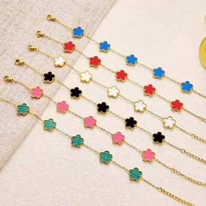 Stainless Steel Five Leaf Grass Natural Stone Bracelet Necklace for Women Light Luxury Niche High-end Versatile Accessories