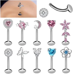 Stainless Steel Flat Bottom Bent Bar Heart Flower Butterfly Zircon Stud Eyebrow Piercing Lip Piercing Jewelry