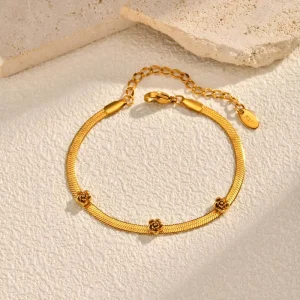 Stainless Steel Flower Charm Bracelet with Geometric Design Gold Plated Women’s Jewelry for Wedding & Party Occasions