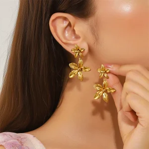 Stainless Steel Flower Linked Pendants Drop Earrings for Women Chic Ladies Earrings Hanging Accessories Fashion Female Jewelry