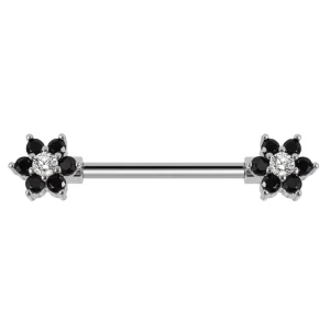 Stainless Steel Flower Nipple Bar Black Zircon Gem 14G Nipple Straight Bar Nipple Ring for Wedding Engagement