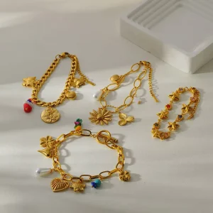 Stainless Steel Flower Pearl Charm Bracelet Gold Plated Linked Chain Bracelets for Women